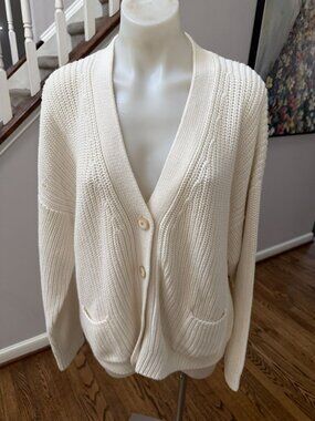 Ellsworth & Ivey Cotton Chunky Knit Cardigan Sweater Off White Large